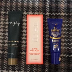 1.)Item beauty Lite Sauce. 2.)Veriphy facial cleanser. 3.)Dr.PawPaw lip mask.